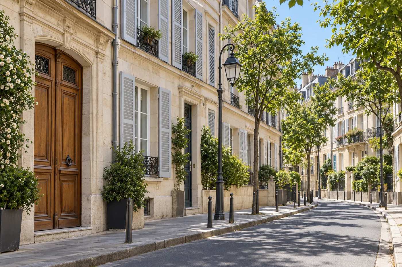 Rue résidentielle du centre historique de Saint-Germain-en-Laye, façades en pierre claire et fenêtres à volets