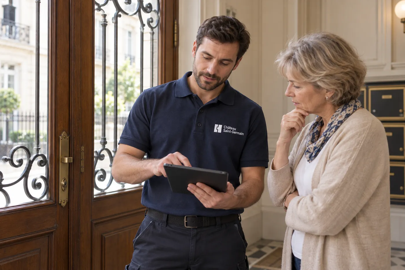 Serrurier de Château Saint-Germain notant son diagnostic sur tablette dans le hall d'un immeuble ancien de Saint-Germain-en-Laye